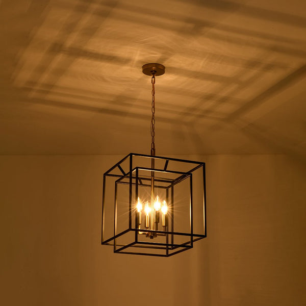 Chandelierias - Modern Farmhouse 4 - Light Square Lantern Tiered Pendant - Pendant - Black and Gold -