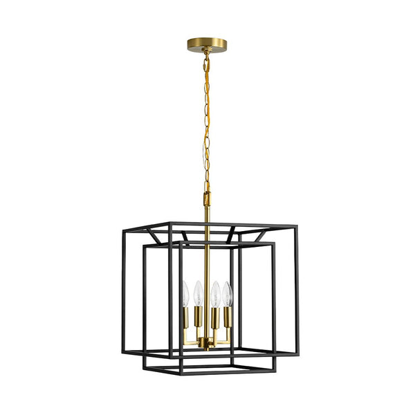 Chandelierias - Modern Farmhouse 4 - Light Square Lantern Tiered Pendant - Pendant - Black and Gold -