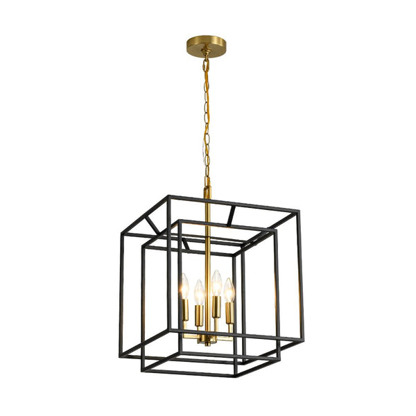 Chandelierias - Modern Farmhouse 4 - Light Square Lantern Tiered Pendant - Pendant - Black and Gold -