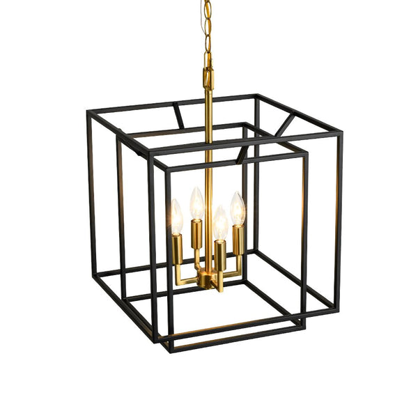 Chandelierias - Modern Farmhouse 4 - Light Square Lantern Tiered Pendant - Pendant - Black and Gold -