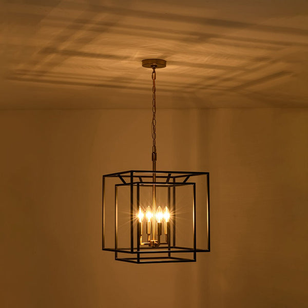 Chandelierias - Modern Farmhouse 4 - Light Square Lantern Tiered Pendant - Pendant - Black and Gold -