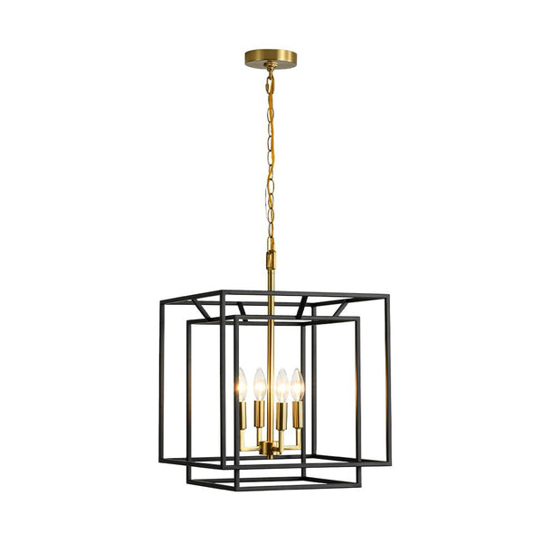Chandelierias - Modern Farmhouse 4 - Light Square Lantern Tiered Pendant - Pendant - Black and Gold -