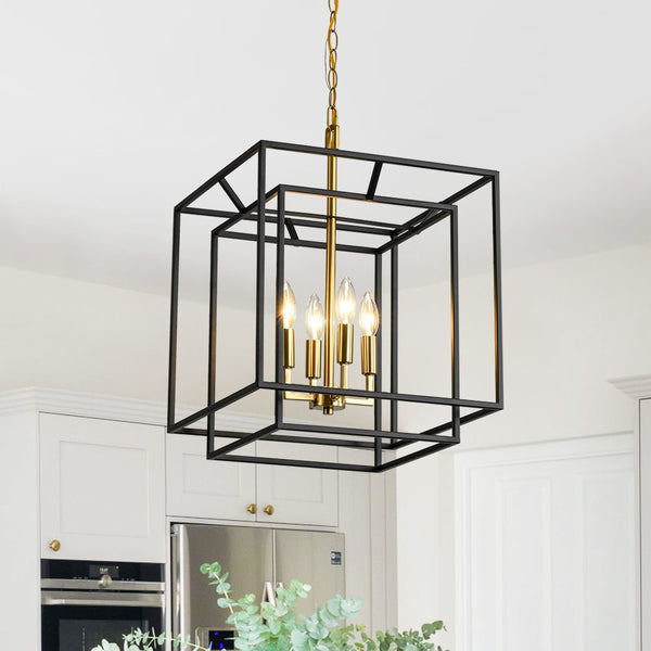 Chandelierias - Modern Farmhouse 4 - Light Square Lantern Tiered Pendant - Pendant - Black and Gold -