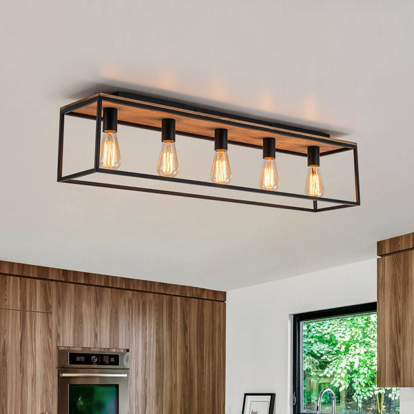 Chandelierias - Modern Farmhouse 5 - Light Wood Rectangle Cage Semi - Flush Mount - Semi Flush - Black -