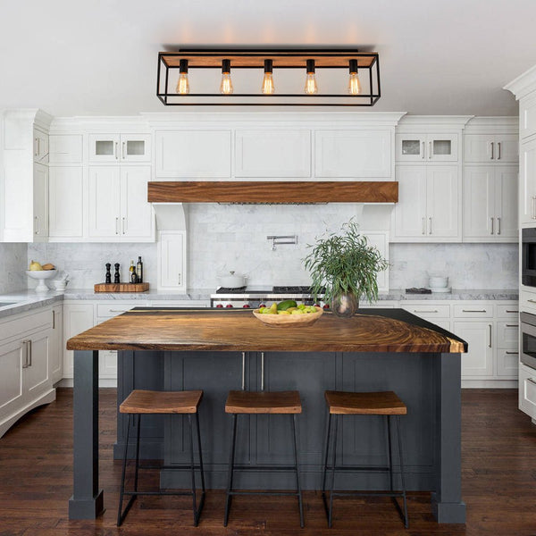 Chandelierias - Modern Farmhouse 5 - Light Wood Rectangle Cage Semi - Flush Mount - Semi Flush - Black -