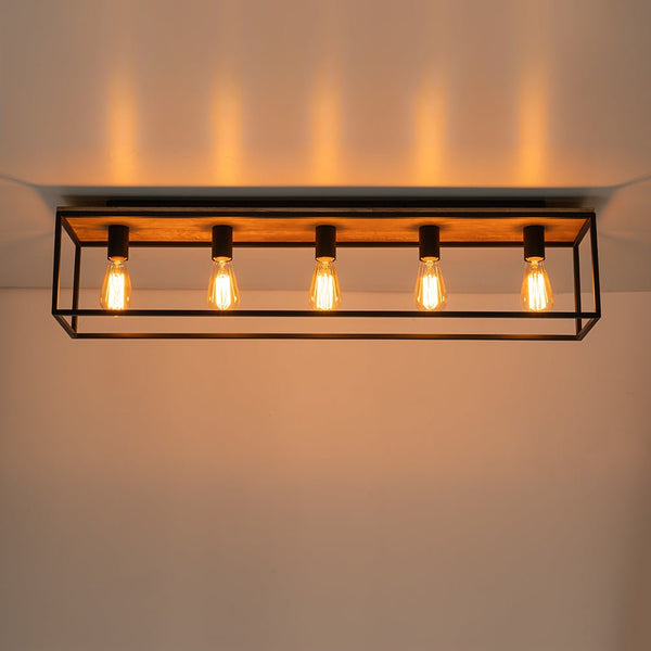 Chandelierias - Modern Farmhouse 5 - Light Wood Rectangle Cage Semi - Flush Mount - Semi Flush - Black -