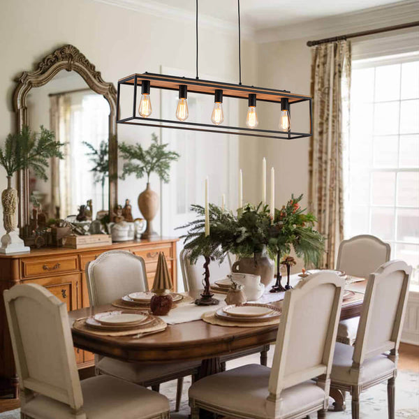 Chandelierias - Modern Farmhouse Rectangular Wood 5 - Light Caged Chandelier - Chandelier - 5 - Light -