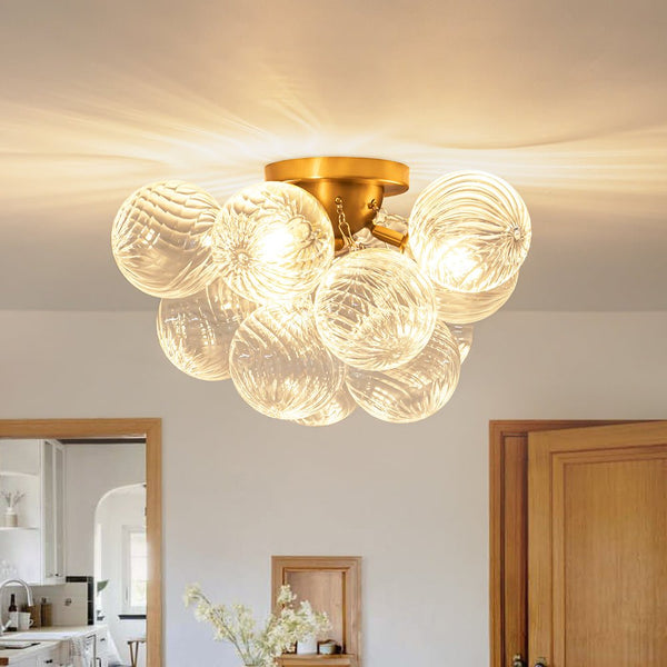Chandelierias - Modern Glam 3 - Light Hand - blown Glass Cluster Bubble Semi - flush Mount - Semi Flush - Brass & Ribbed Glass -