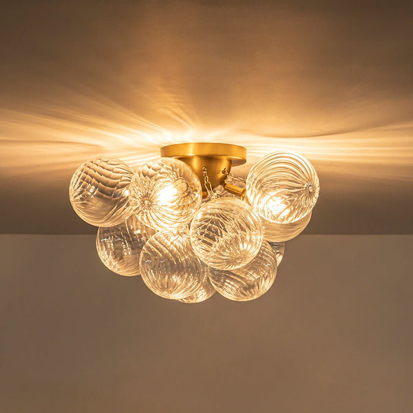 Chandelierias - Modern Glam 3 - Light Hand - blown Glass Cluster Bubble Semi - flush Mount - Semi Flush - Brass & Ribbed Glass -