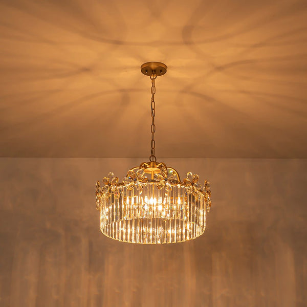 Chandelierias - Modern Glam 6 - Light Floral Crystal Drum Pendant - Chandeliers - Brass -