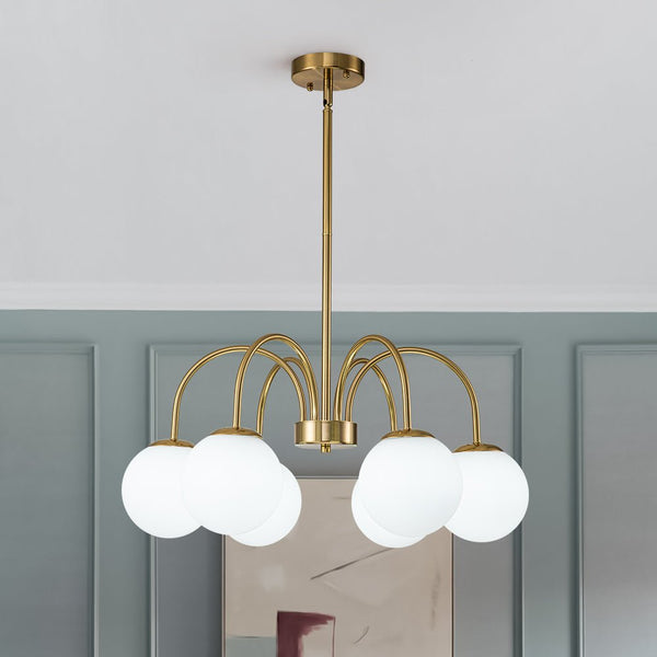 Chandelierias-Modern Matte Glass Globe Elbow Chandelier-Chandeliers-Brass-6 Bulbs