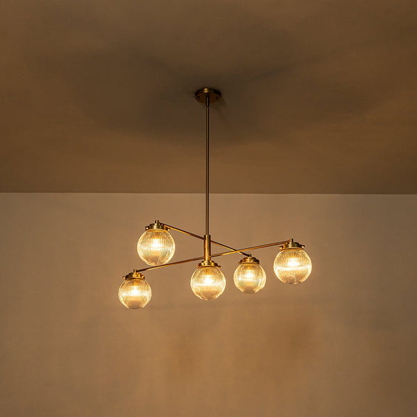 Chandelierias-Modern Sputnik 5-Light Ribbed Glass Globe Linear Chandelier-Chandeliers-Brass-