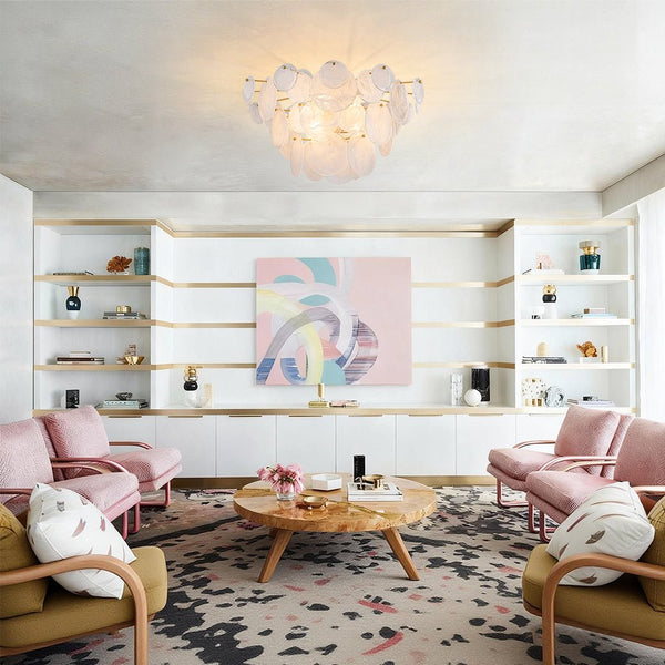 Chandelierias - Modern White Strie Glass Tiered Semi - Flush Mount - Semi Flush - Brushed Brass - 4 Bulbs