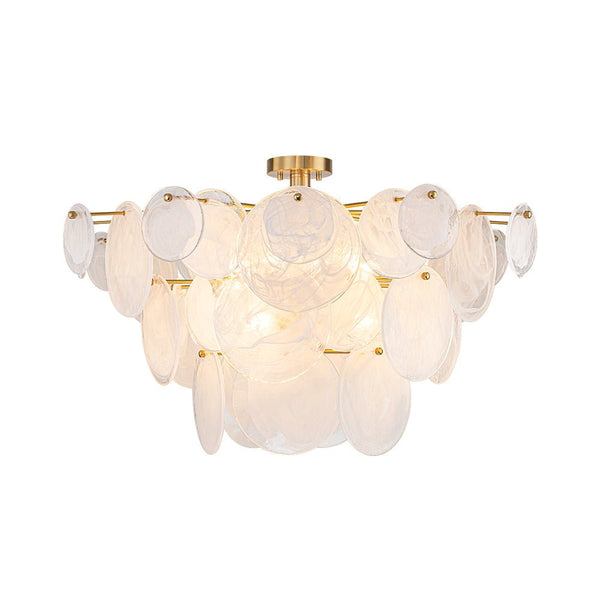 Chandelierias - Modern White Strie Glass Tiered Semi - Flush Mount - Semi Flush - Brushed Brass - 9 Bulbs