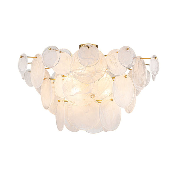 Chandelierias - Modern White Strie Glass Tiered Semi - Flush Mount - Semi Flush - Brushed Brass - 9 Bulbs