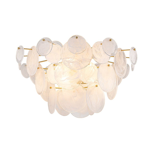 Chandelierias - Modern White Strie Glass Tiered Semi - Flush Mount - Semi Flush - Brushed Brass - 9 Bulbs