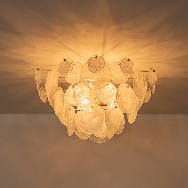 Chandelierias - Modern White Strie Glass Tiered Semi - Flush Mount - Semi Flush - Brushed Brass - 9 Bulbs