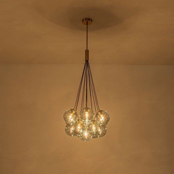 Chandelierias-Multi-globe 13-Light Smoky Teal Cluster Bubble Glass Pendant-Chandeliers-Brass-