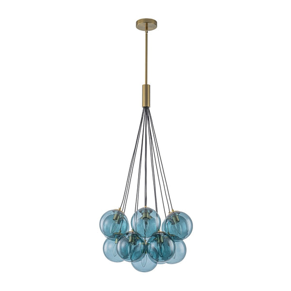 Chandelierias-Multi-globe 13-Light Smoky Teal Cluster Bubble Glass Pendant-Chandeliers-Brass-