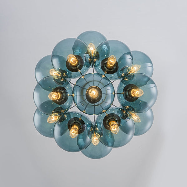 Chandelierias-Multi-globe 13-Light Smoky Teal Cluster Bubble Glass Pendant-Chandeliers-Brass-