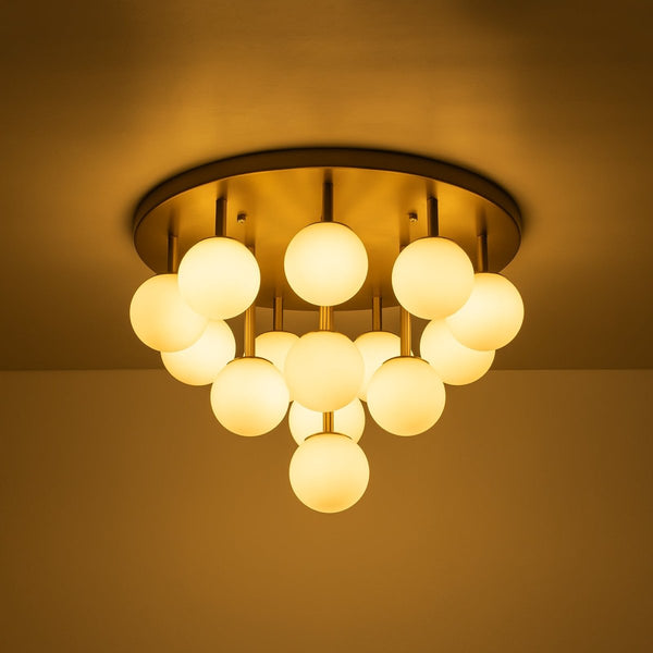 Chandelierias-Multi-Globe Frosted Glass Cluster 14-Light Layered Semi-flush Mount-Semi Flush-Brass-