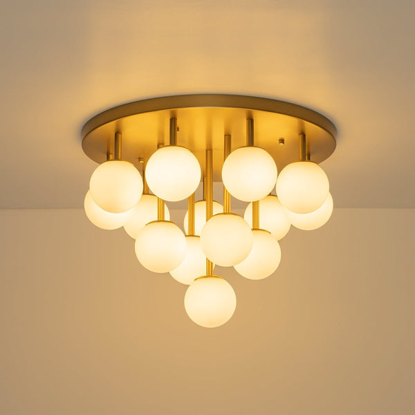 Chandelierias-Multi-Globe Frosted Glass Cluster 14-Light Layered Semi-flush Mount-Semi Flush-Brass-