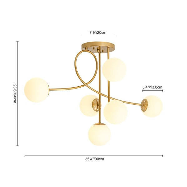 Chandelierias-Novel 6-Light Frosted Opaline Glass Branch Semi-flush Mount-Semi Flush-Brass-