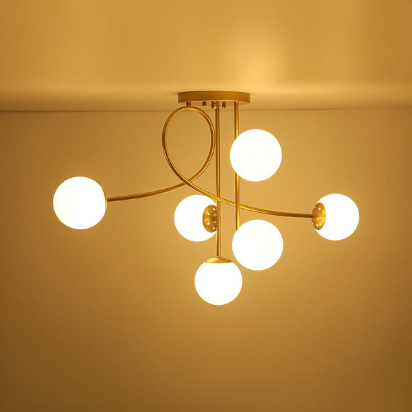 Chandelierias-Novel 6-Light Frosted Opaline Glass Branch Semi-flush Mount-Semi Flush-Brass-