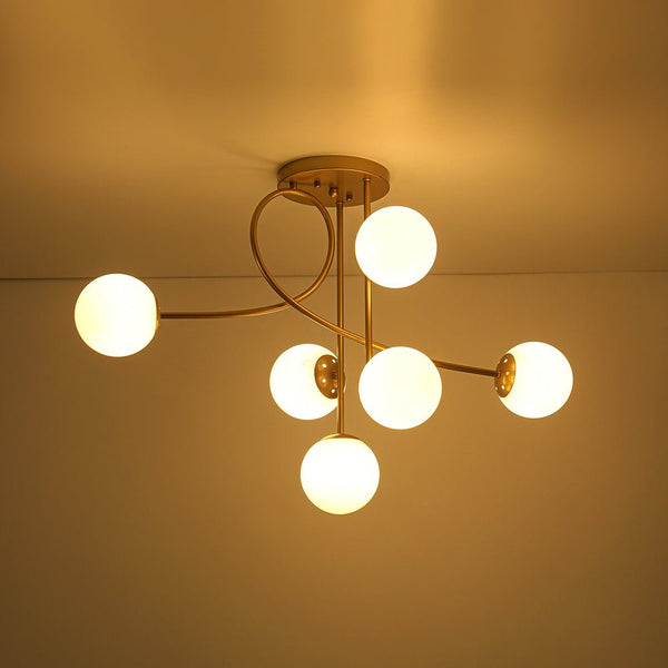 Chandelierias-Novel 6-Light Frosted Opaline Glass Branch Semi-flush Mount-Semi Flush-Brass-