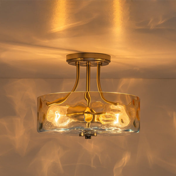 Chandelierias-Ombre 2-Light Hammer Glass Drum Semi-Flush Mount-Semi Flush-Nickel-