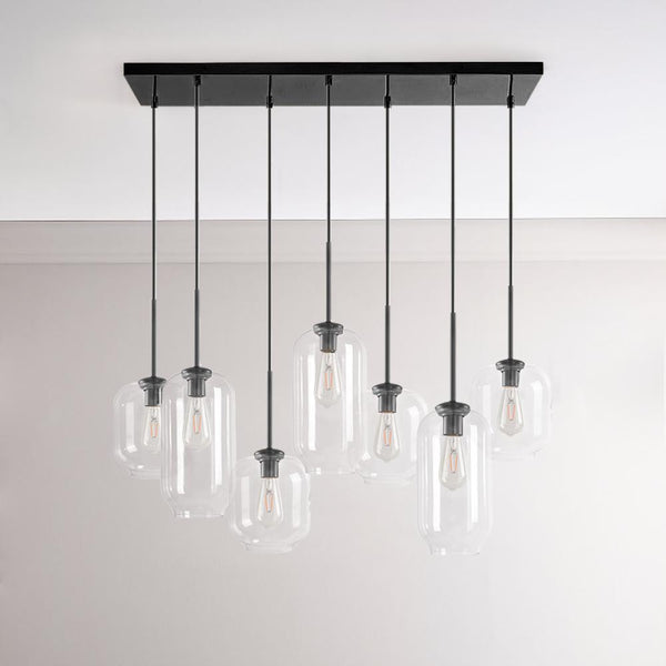 Chandelierias - Open Box - Modern 7 - Light Cluster Hand - blown Clear Glass Pendant - Chandelier - Black -