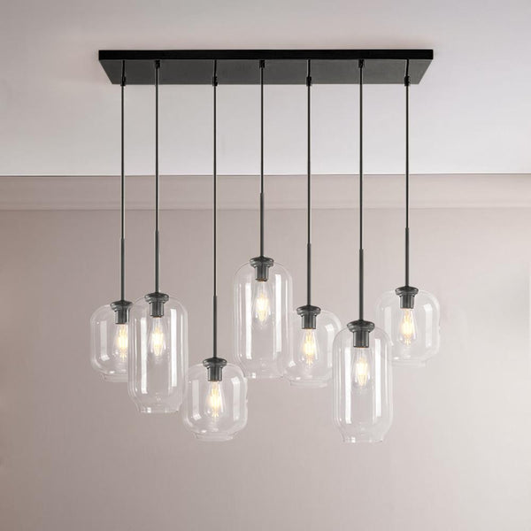 Chandelierias - Open Box - Modern 7 - Light Cluster Hand - blown Clear Glass Pendant - Chandelier - Black -