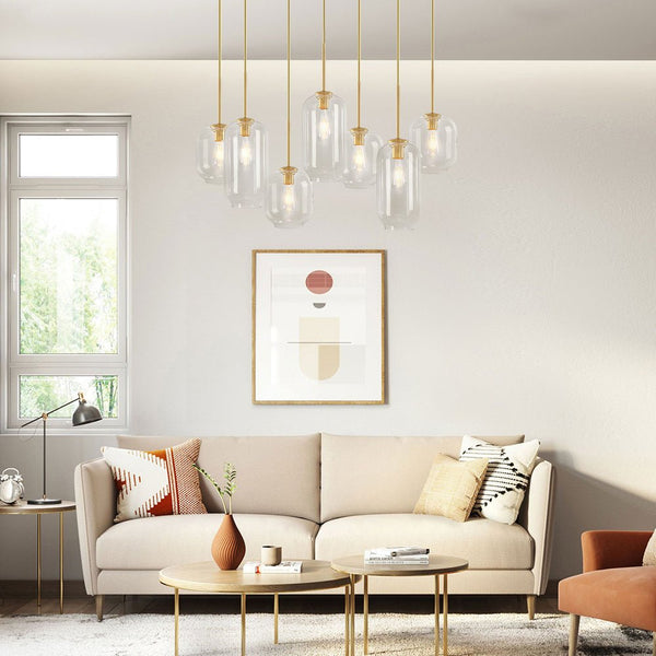 Chandelierias - Open Box - Modern 7 - Light Cluster Hand - blown Clear Glass Pendant - Chandelier - Black -