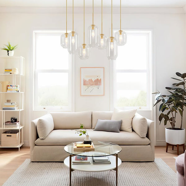 Chandelierias - Open Box - Modern 7 - Light Cluster Hand - blown Clear Glass Pendant - Chandelier - Black -