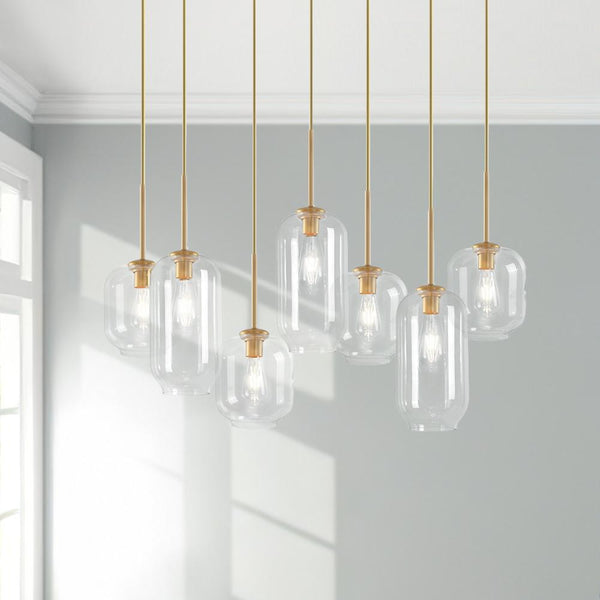 Chandelierias - Open Box - Modern 7 - Light Cluster Hand - blown Clear Glass Pendant - Chandelier - Brass -
