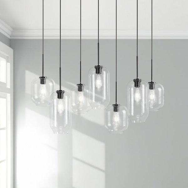 Chandelierias - Open Box - Modern 7 - Light Cluster Hand - blown Clear Glass Pendant - Chandelier - Brass -