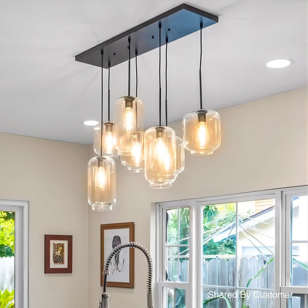 Chandelierias - Open Box - Modern 7 - Light Cluster Hand - blown Clear Glass Pendant - Chandelier - Brass -