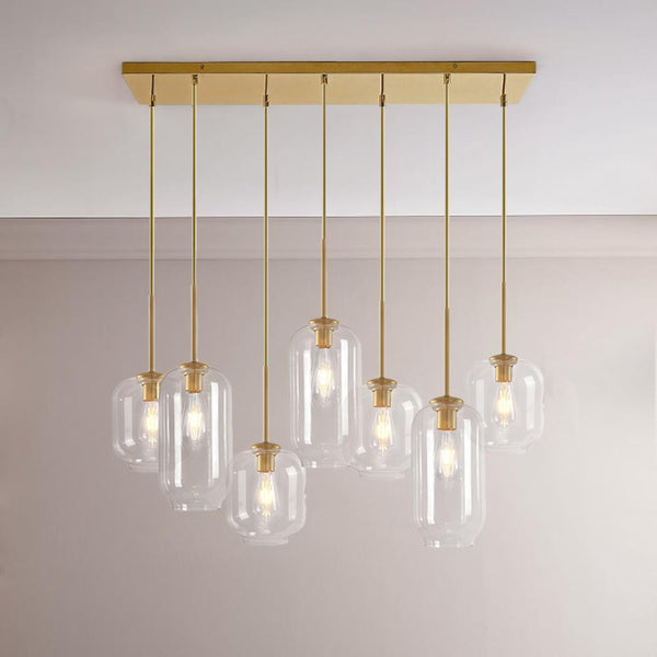 Chandelierias - Open Box - Modern 7 - Light Cluster Hand - blown Clear Glass Pendant - Chandelier - Brass -