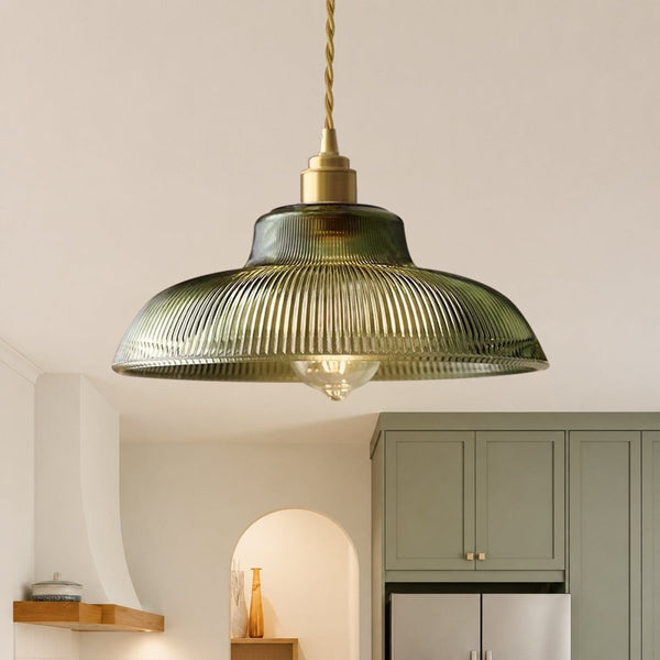 Chandelierias-Retro 1-Light Dome Ribbed Glass Saucer Pendant-Pendants-Dark Green-