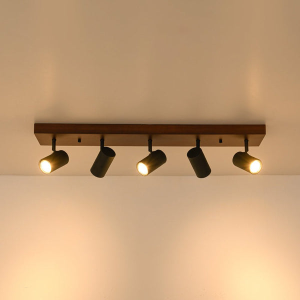 Chandelierias - Rustic 5 - Light Walnut Wood Semi - Flush Track Light - Semi Flush - Walnut & Black -