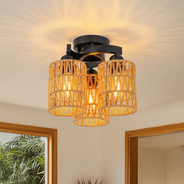 Chandelierias - Scandinavian Entryway 3 - Light Cylinder Woven Semi - flush Mount - Semi Flush - 3 Bulbs -