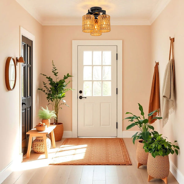 Chandelierias - Scandinavian Entryway 3 - Light Cylinder Woven Semi - flush Mount - Semi Flush - 3 Bulbs -