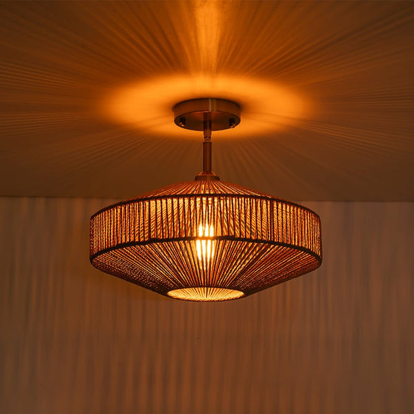 Chandelierias - Single - Light Gyro - Shape Woven Hemp Rope Semi - Flush Mount - Semi Flush - Brass -