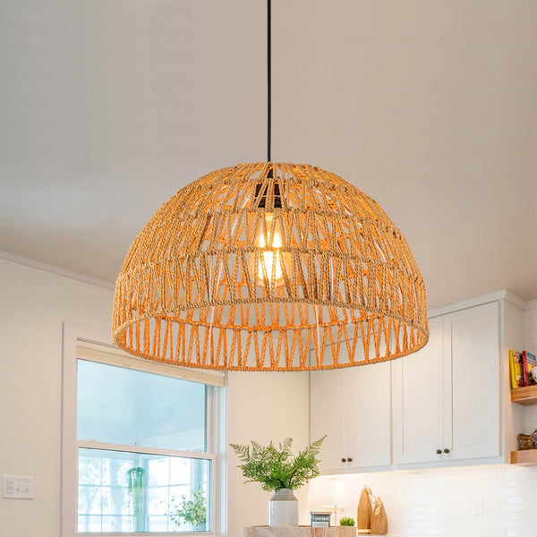 Chandelierias-Single-Light Woven Rattan Dome Pendant-Pendant-Brown-