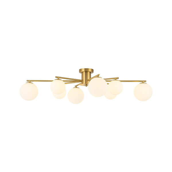 Chandelierias-Sputnik Brass 8-Light Frosted Glass Sphere Semi-flush Mount-Semi Flush-Brass-