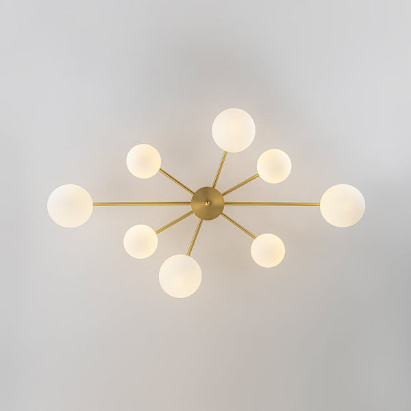 Chandelierias-Sputnik Brass 8-Light Frosted Glass Sphere Semi-flush Mount-Semi Flush-Brass-