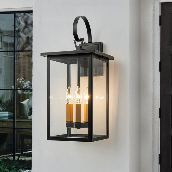 Chandelierias - Square Cage Clear Glass 3 - Light Outdoor Wall Sconce - Wall Light - Black -