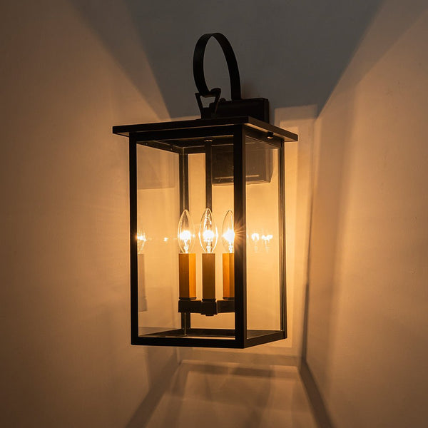 Chandelierias - Square Cage Clear Glass 3 - Light Outdoor Wall Sconce - Wall Light - Black -