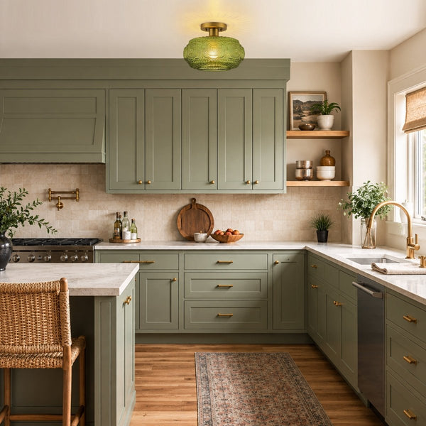 Chandelierias-Translucent Green 1-Light Embossed Glass Drum Semi-flush Mount-Semi Flush-Brass-