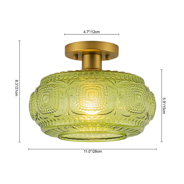 Chandelierias-Translucent Green 1-Light Embossed Glass Drum Semi-flush Mount-Semi Flush-Brass-